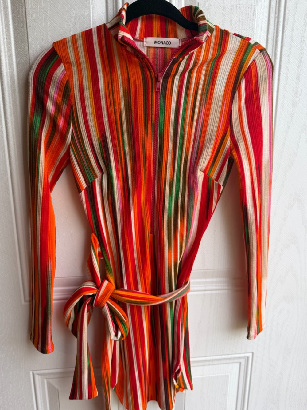 monaco Bright Multicolor Striped Zip Dress with Tie Waste Retro Boho Festival